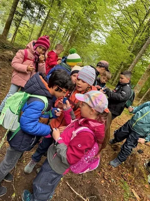 Kinder in einem Wald, um ein Seil versammelt, spielen mit einem Gegenstand; sie tragen Jacken. Im Hintergrund grüne Bäume.