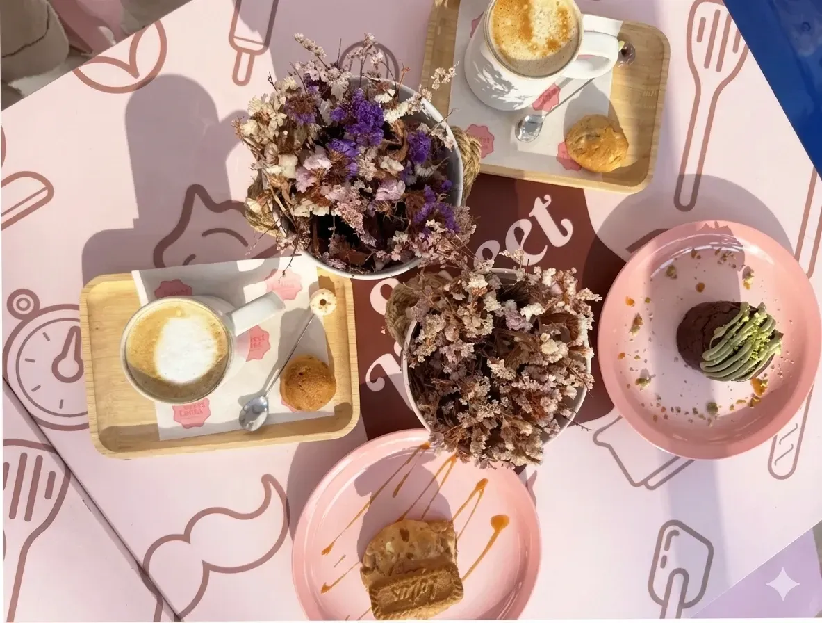 Mesa de postres en tonos pastel con pasteles, bollería y centros de mesa florales en bandejas y platos rosas.