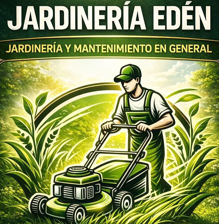 A gardener pushes a lawnmower in a grassy area, below the text "JARDINER&Iacute;A ED&Eacute;N" and "JARDINER&Iacute;A Y MANTENIMIENTO EN GENERAL."