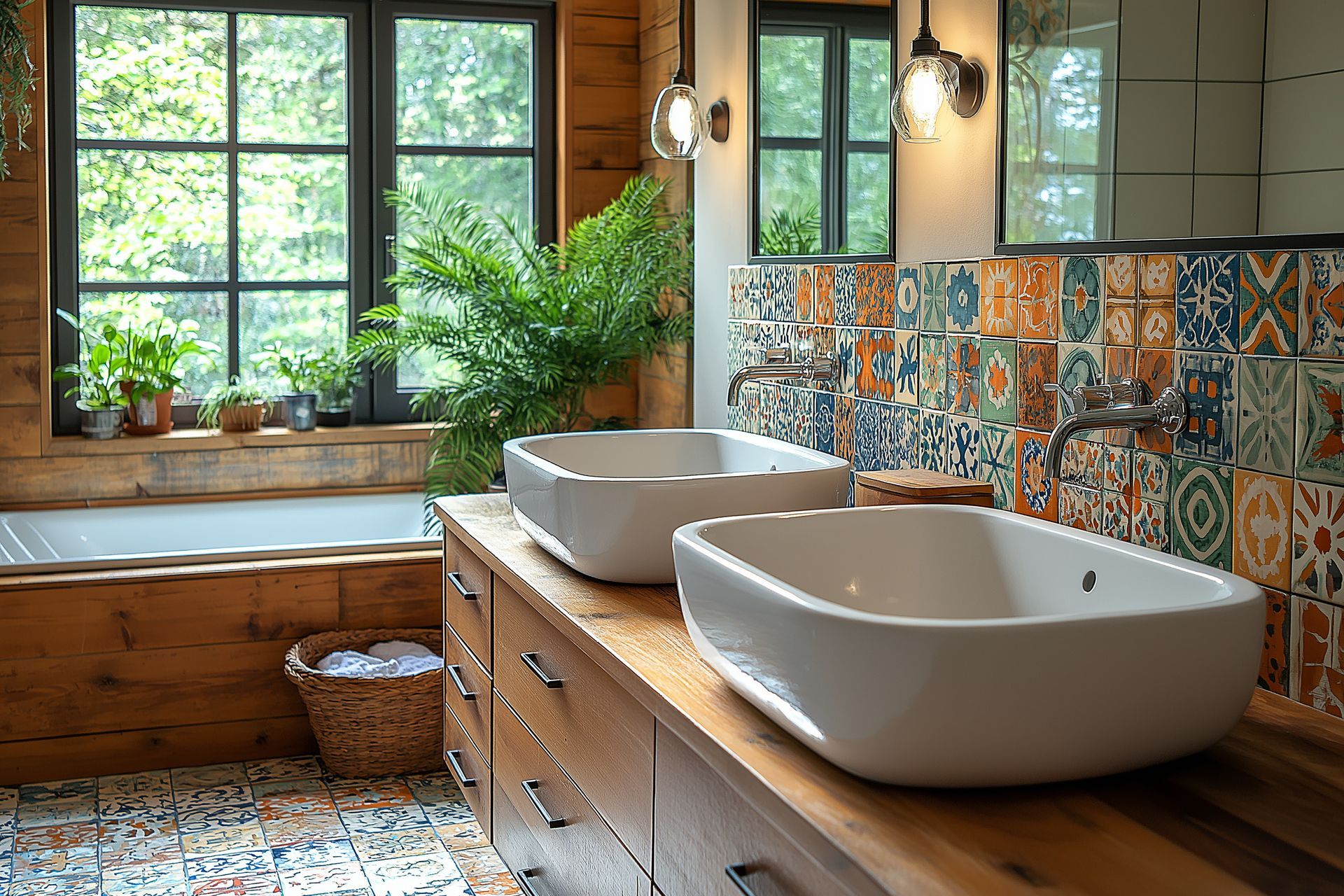 Une salle de bains avec faïence à motifs