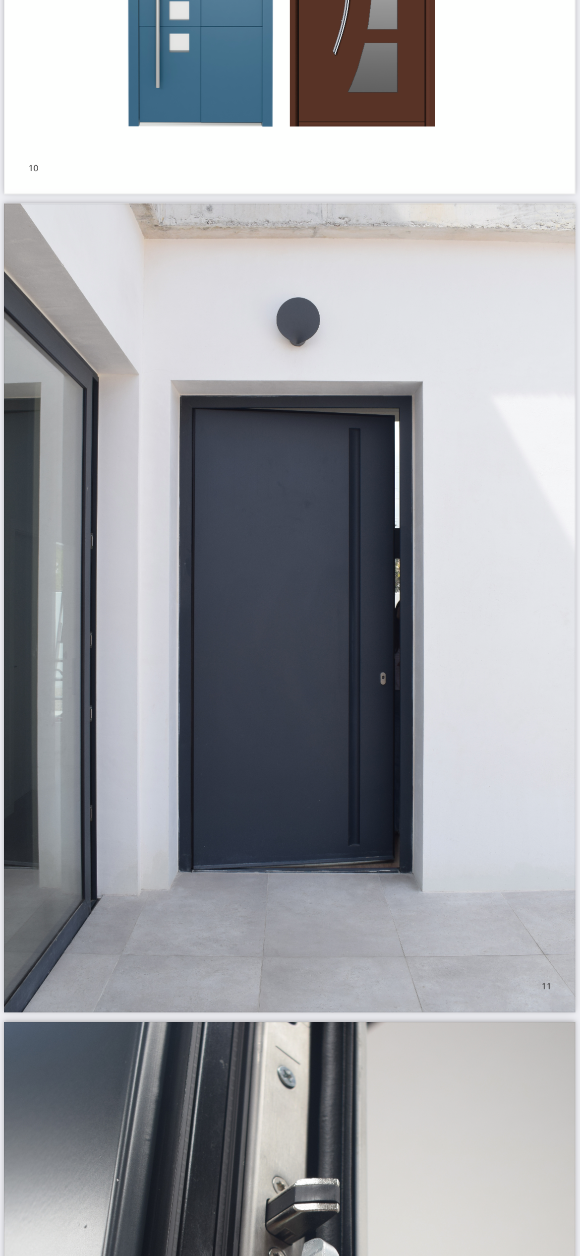 Una puerta negra está sentada en una pared blanca al lado de una ventana.