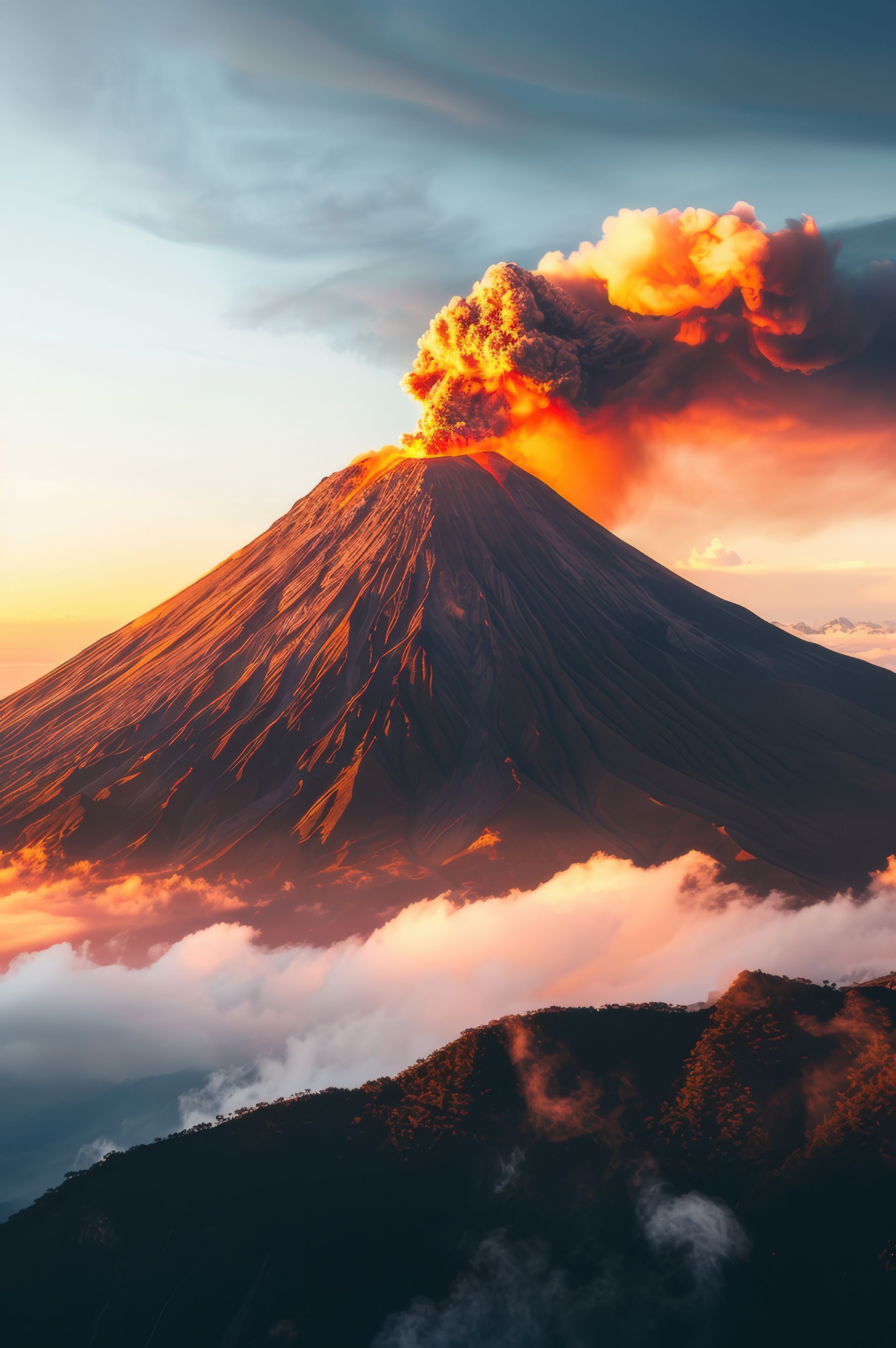 Volcán en erupción, con humo naranja ondeando, rodeado de nubes al atardecer.