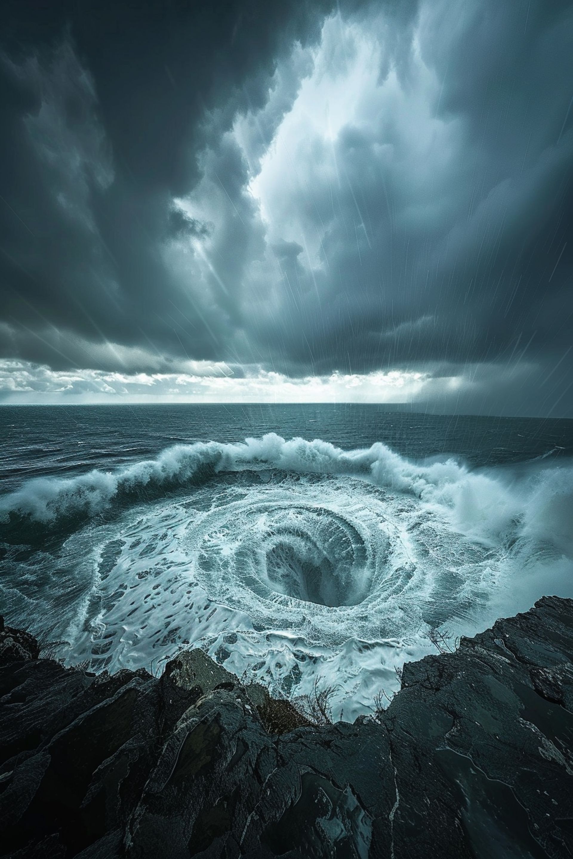 Remolino en un océano agitado bajo un cielo oscuro y tormentoso, visto desde un acantilado rocoso.