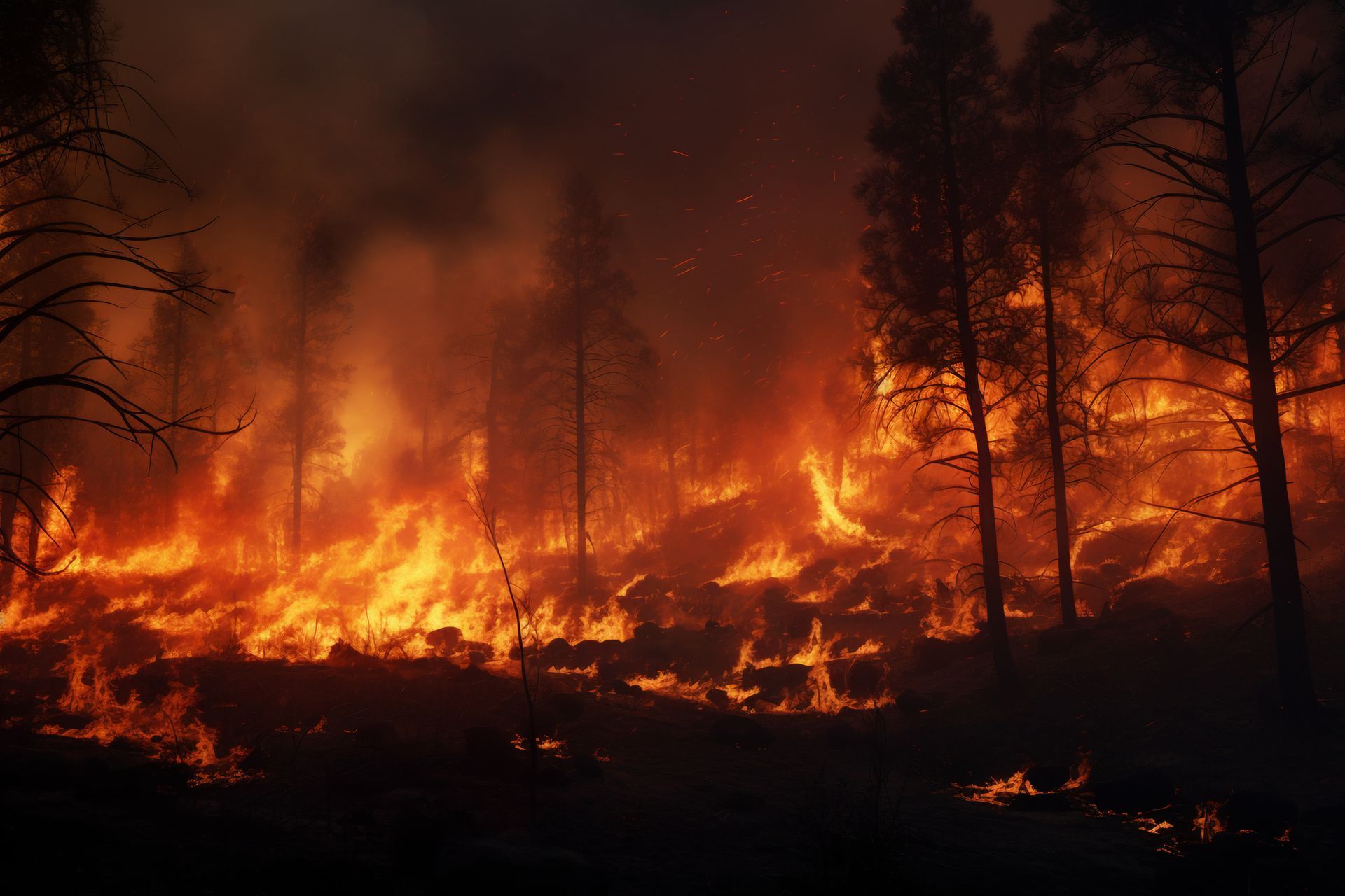 Incendio forestal que envuelve árboles y maleza en llamas de color naranja y rojo intenso.