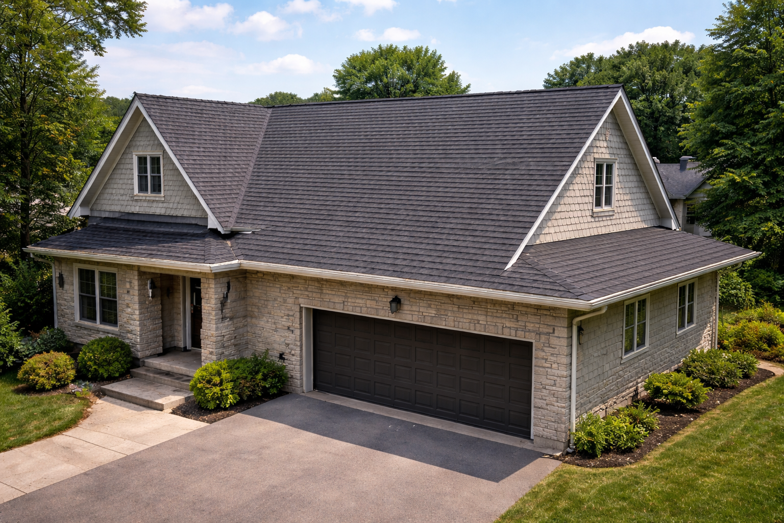 Maison à deux étages avec toit gris foncé, façade en briques claires, garage attenant, entourée de verdure et de ciel bleu.