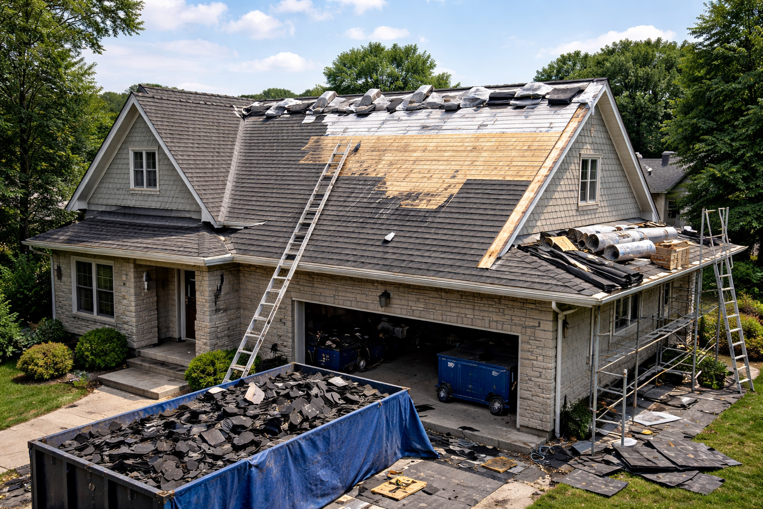 Maison dont la toiture est en cours de remplacement, avec échelle, benne à gravats et débris.