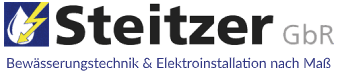 Steitzer GbR-Logo mit Blitz, blauem Zahnrad und Slogan für Bewässerungstechnik und Elektroinstallation