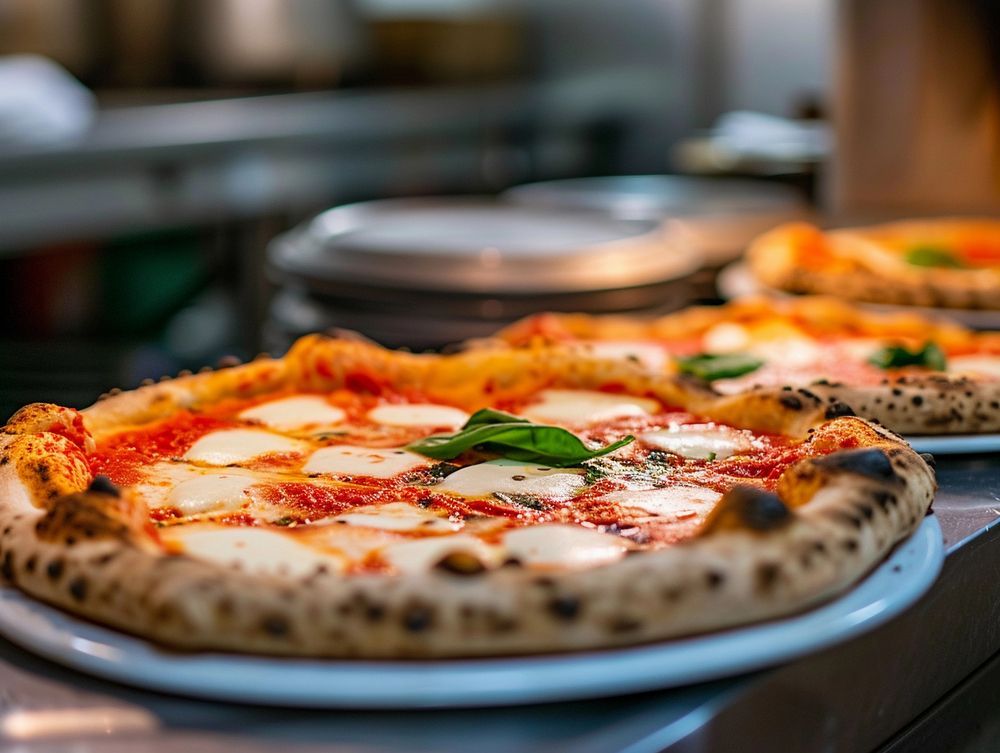Un primer plano de una pizza en un plato sobre una mesa.