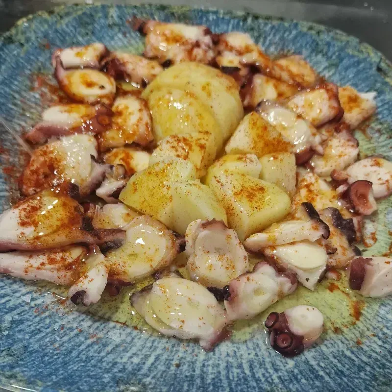 Un plato de comida con pulpo y patatas en un plato azul.