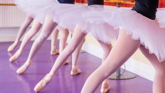 mehrere kleine Mädchen in Tutus neben einem Spiegel beim Balletttraining
