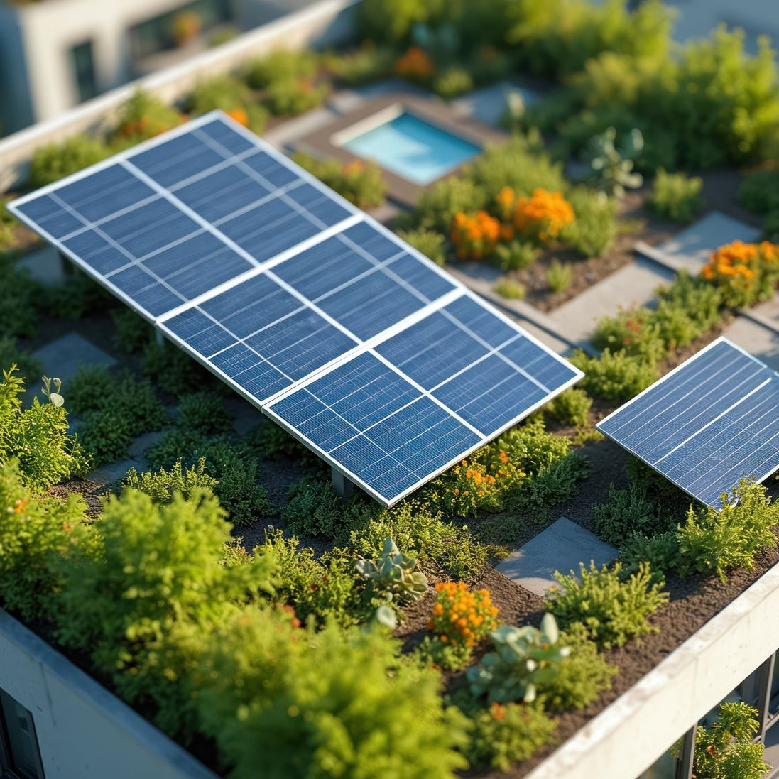 Panneaux solaires et jardin aménagé sur un toit plat