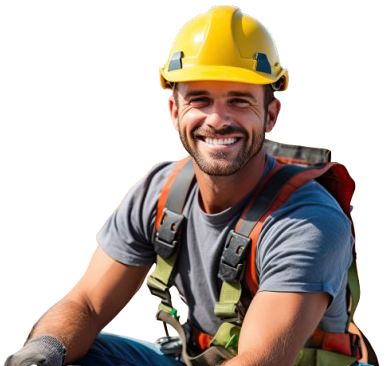 Couvreur avec un baudrier et un casque