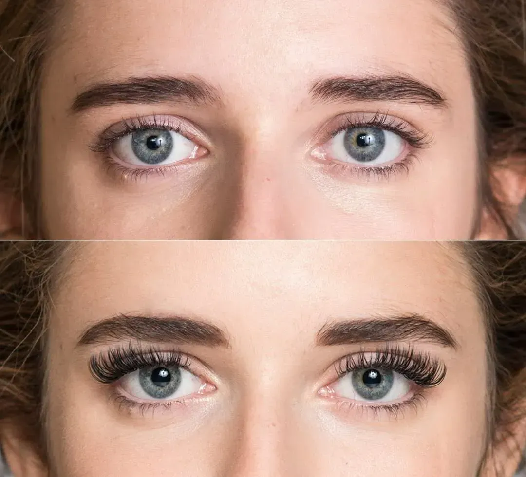 Comparación de ojos antes y después, mostrando pestañas naturales frente a pestañas postizas aplicadas.