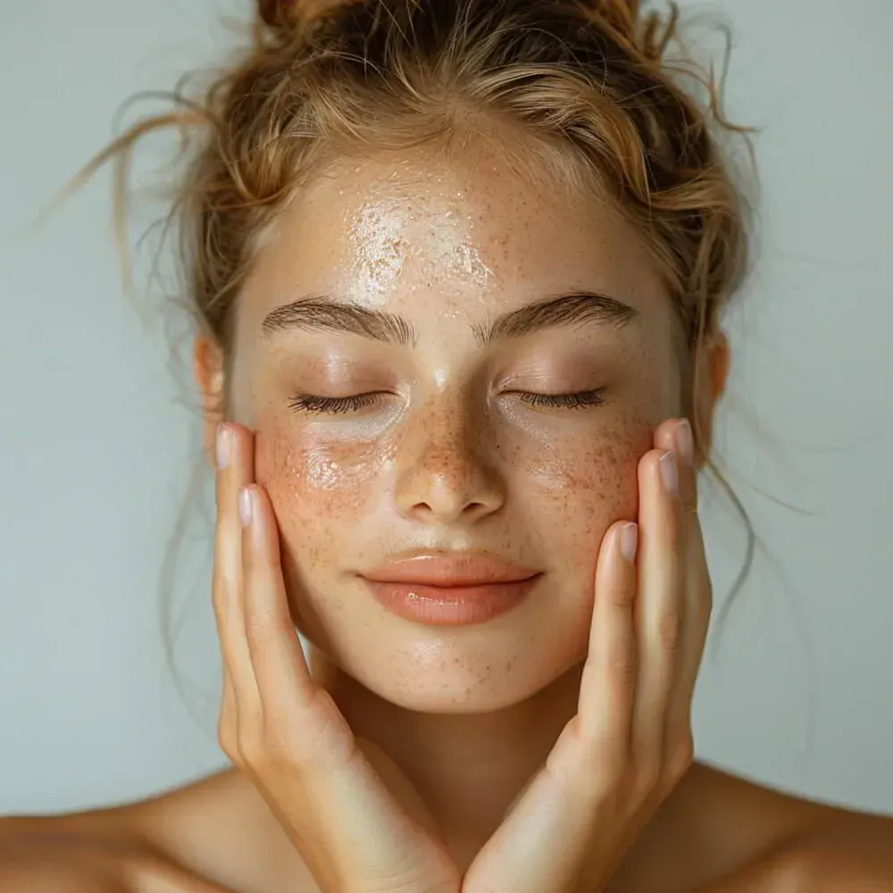 Una persona con pecas y piel radiante cierra los ojos, apoyando suavemente las manos a ambos lados de la cara.