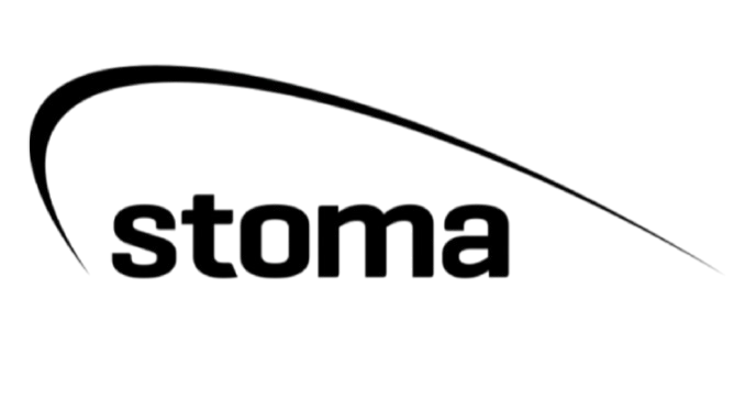 Ein schwarz-weißes Logo für Stoma auf weißem Hintergrund