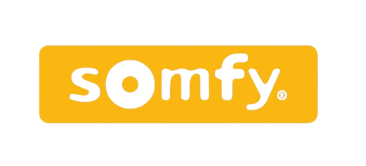 Das Somfy-Logo ist gelb und weiß auf weißem Hintergrund.