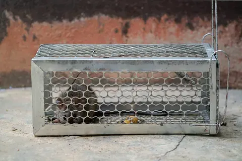 Un ratón está sentado en una jaula de metal.