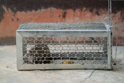 Un ratón está sentado en una jaula de metal.