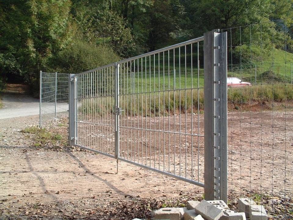 Ein Metallzaun umgibt ein Feld mit Bäumen im Hintergrund. Foto von Stefan Hans Zahner