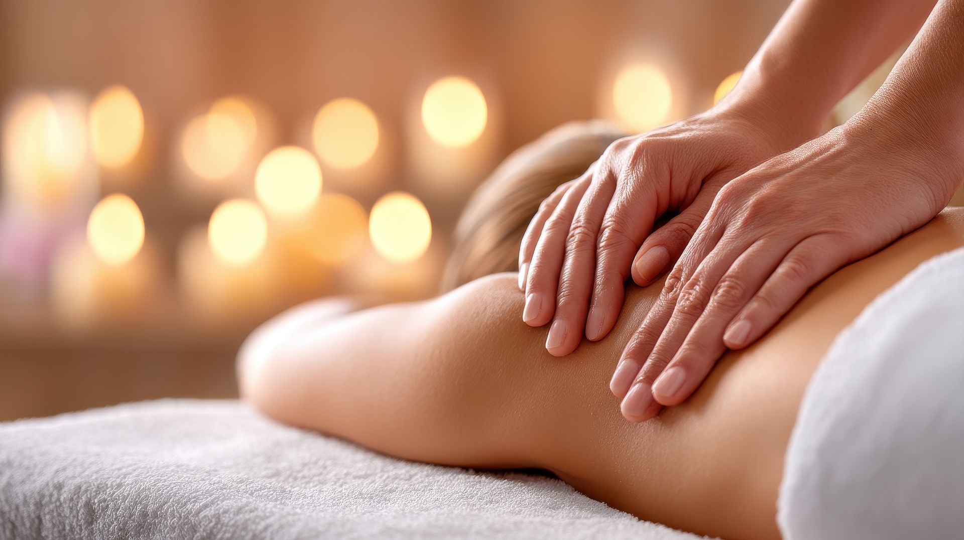 Mains massant le dos d'une personne, allongée sur une table de massage