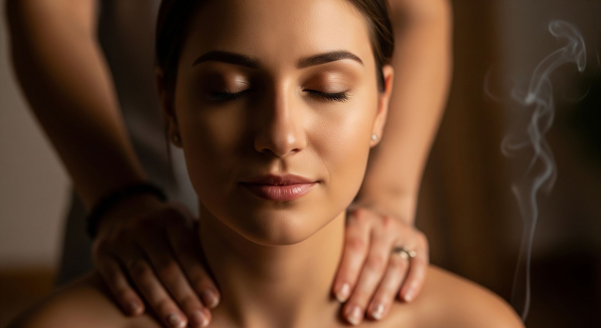 Une femme se fait masser les épaules, les yeux fermés, l'air serein. De la fumée s'échappe à proximité
