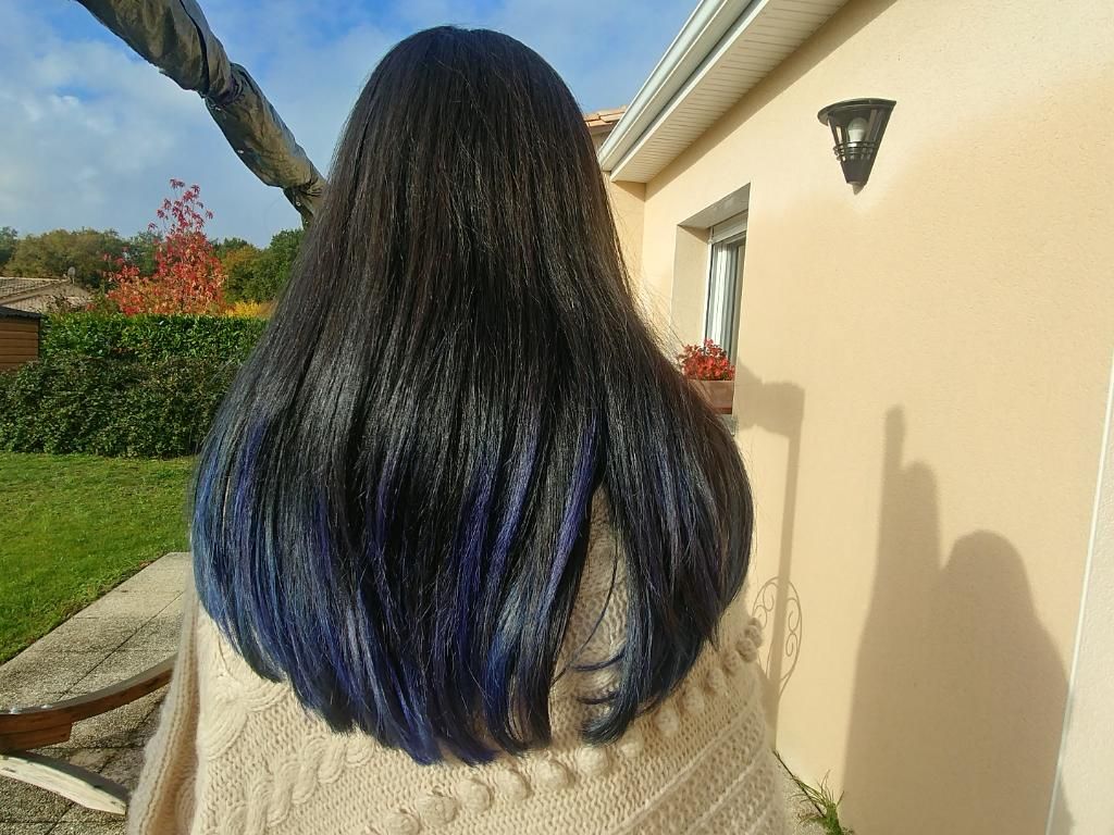 Cheveux longs sombres avec une couleur bleue sur les pointes d'une personne dans un jardin.