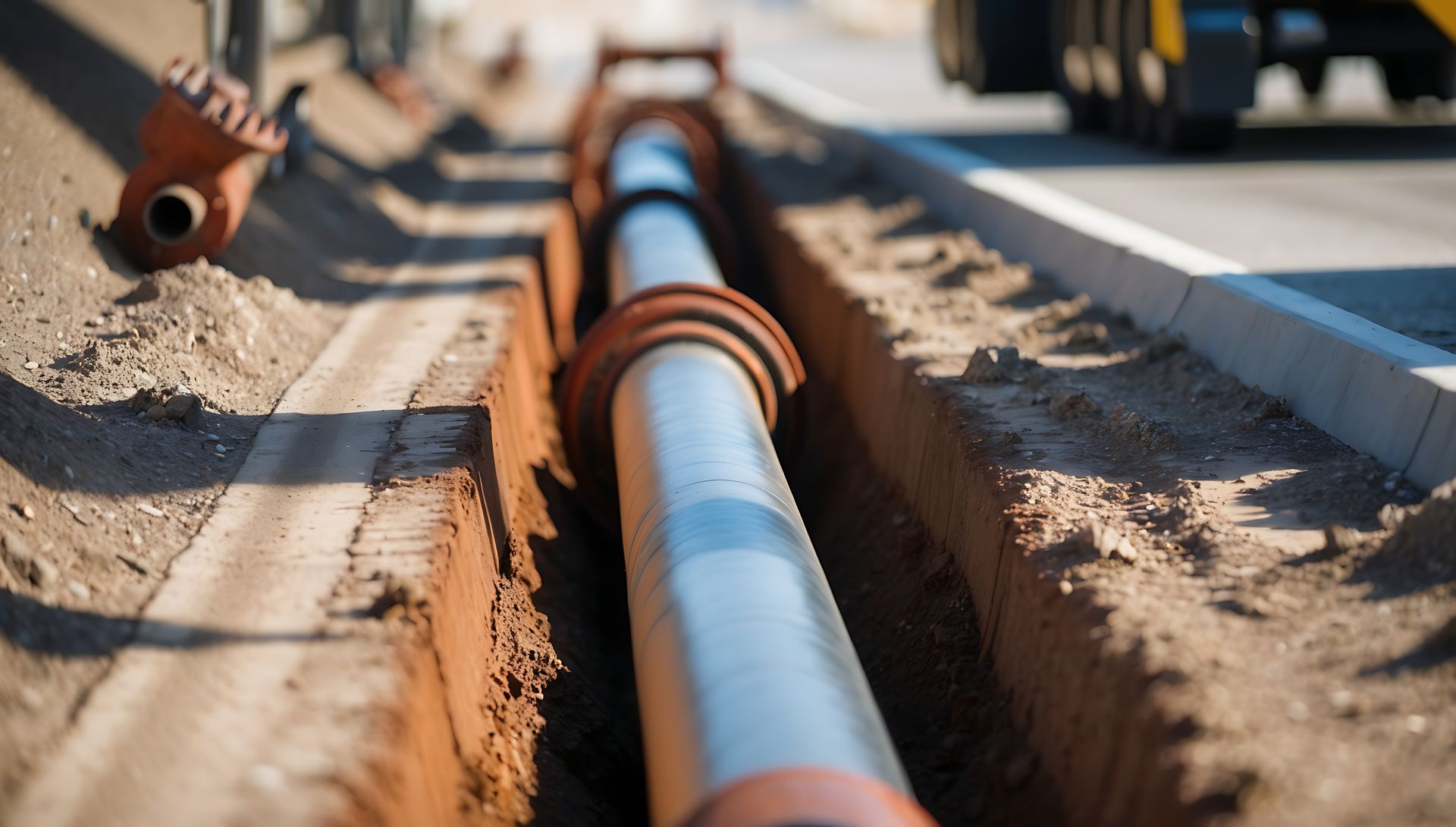 Pipeline installé dans une tranchée à côté d'une route, chantier de construction.