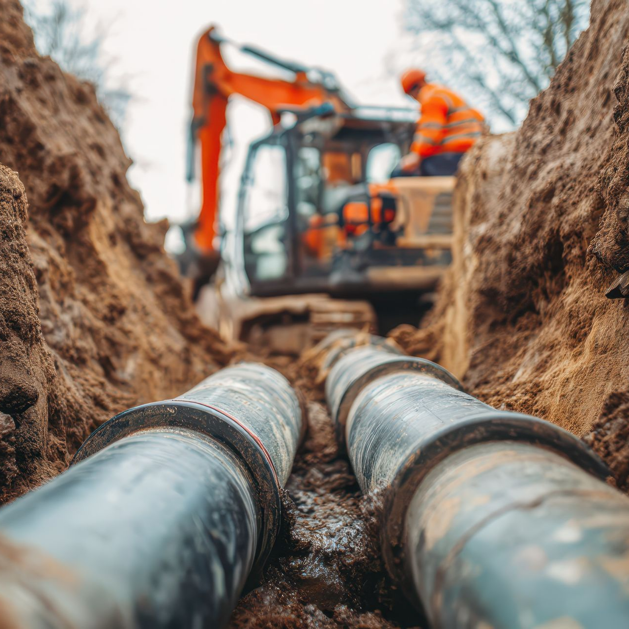 Des tuyaux dans une tranchée sont installés par un ouvrier utilisant une excavatrice.