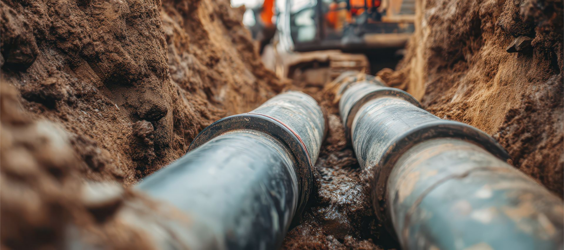 Deux tuyaux reposent dans une tranchée. Des engins de chantier et des ouvriers sont visibles à l'arrière-plan. Un sol brun entoure les tuyaux.