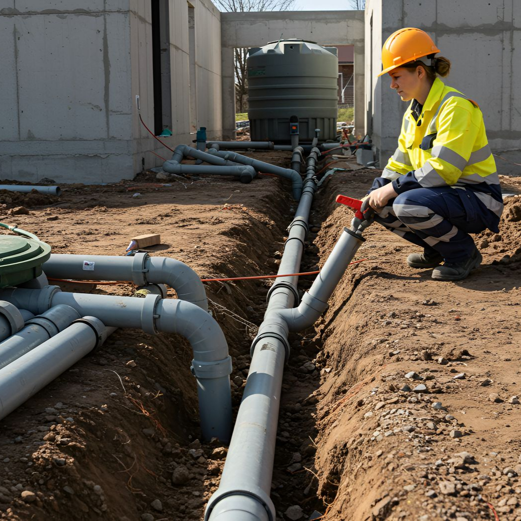 Ouvrier du bâtiment inspectant la plomberie dans une tranchée ; cadre extérieur.