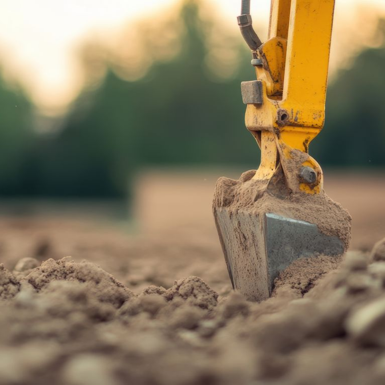 Godet d'excavatrice jaune creusant dans la terre brune.