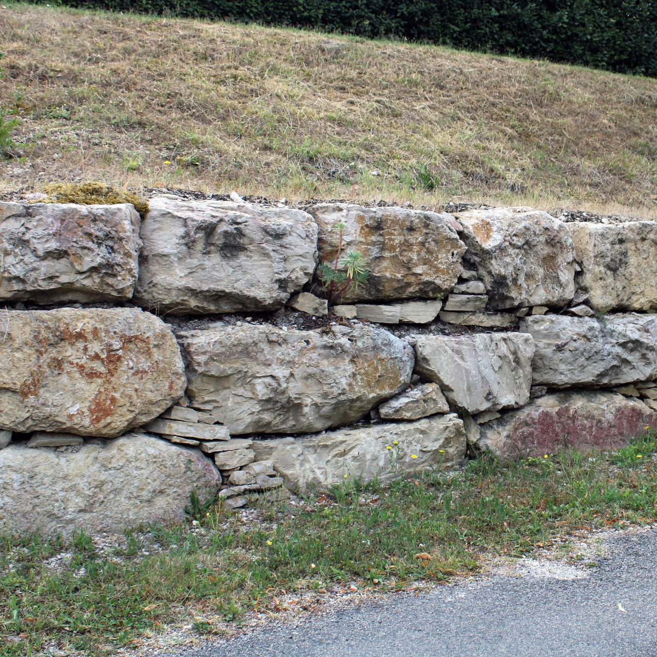Mur de soutènement en pierre avec de gros blocs de couleur claire soutenant un coteau herbeux, en bord de route.