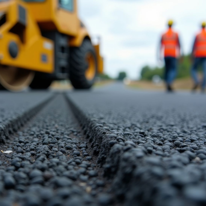 Route asphaltée nouvellement pavée avec des traces de pneus ; rouleau compresseur et ouvriers en gilets en arrière-plan.