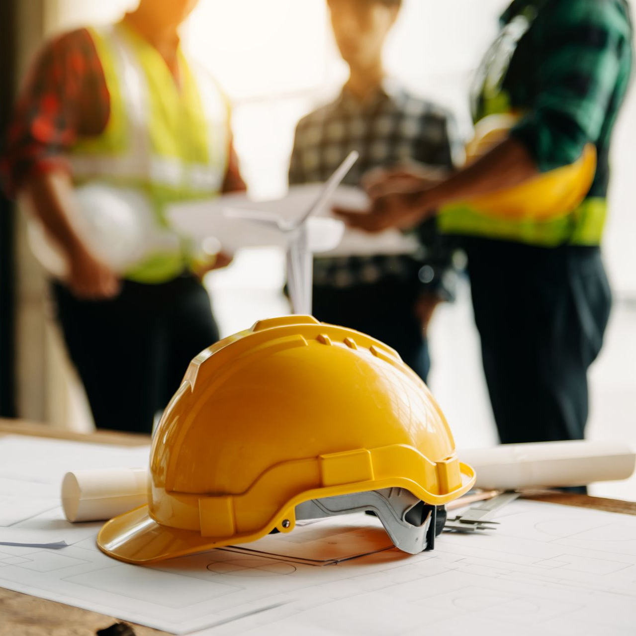 Casque de chantier jaune posé sur une table avec des plans. Trois ouvriers du bâtiment en arrière-plan discutent des plans.