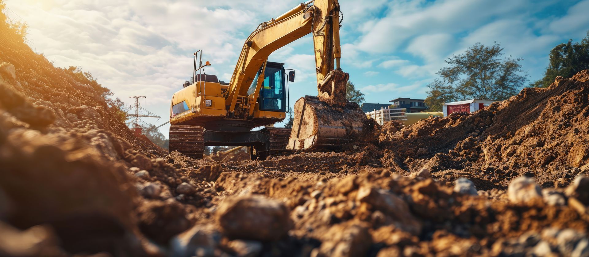 Excavateur jaune creusant une tranchée dans la terre, sous un ciel bleu nuageux.
