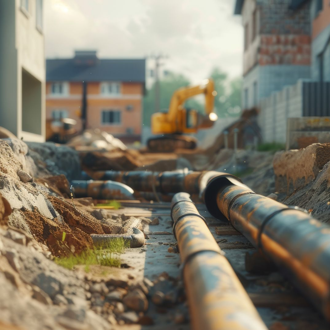 Chantier : tuyaux dans une tranchée, excavatrice en arrière-plan, bâtiments de chaque côté.