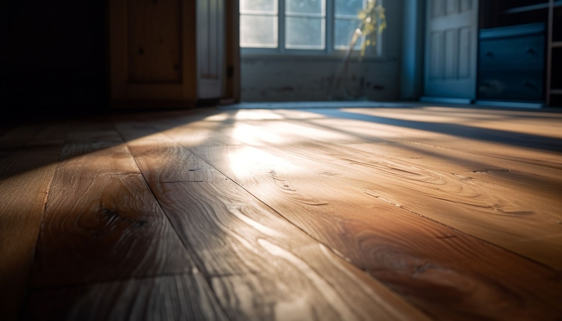 El sol brilla a través de la ventana sobre un piso de madera.