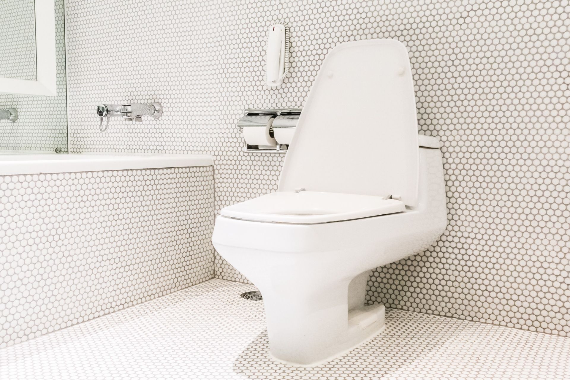 Un inodoro blanco está sentado en un baño al lado de una bañera.