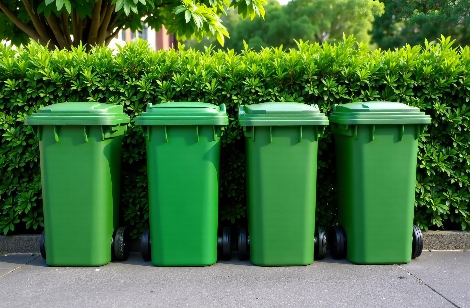 Vier grüne Mülltonnen stehen aufgereiht vor einer Hecke.