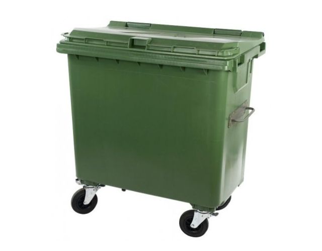 Grüner Industriemülleimer mit Deckel, auf Rädern.