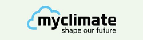 Ein Logo für myclimate mit der Aufschrift „Gestalte unsere Zukunft“