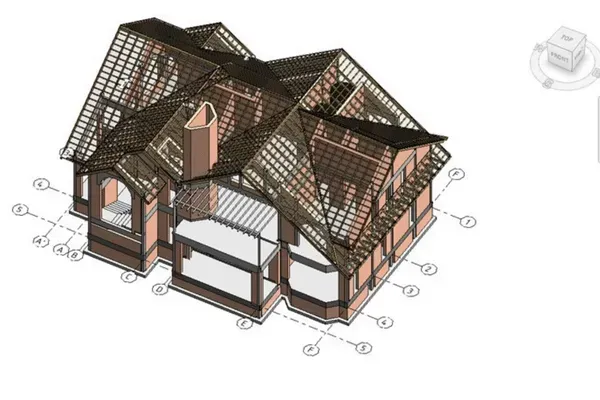 3D architectural rendering of a two-story house with brown roofs and exposed structural framing