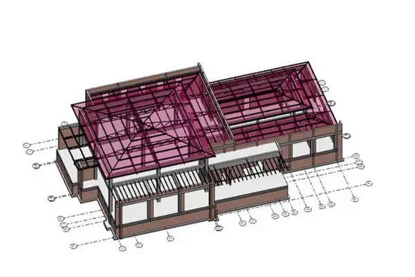 3D architectural model of a building with a magenta roof and labeled site plan annotations