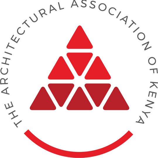 Logo of The Architectural Association of Kenya, with red triangular shapes and circular text on white background