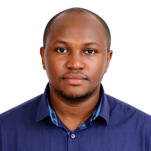 Studio headshot of a man in a blue collared shirt on a white background
