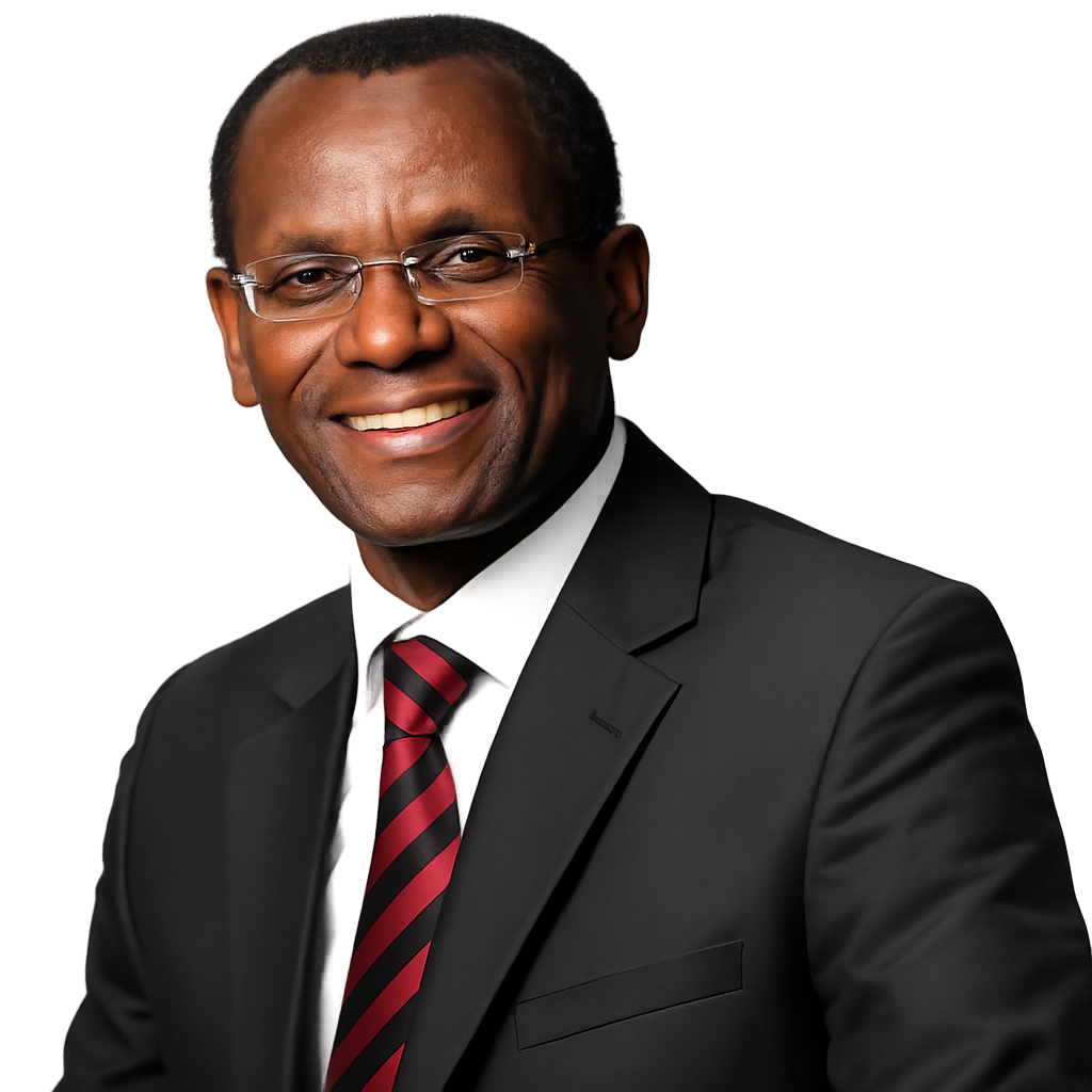 Smiling man in a dark suit and red striped tie on a white background