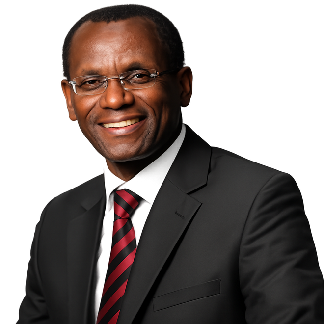 Smiling man in a dark suit and red striped tie on a white background