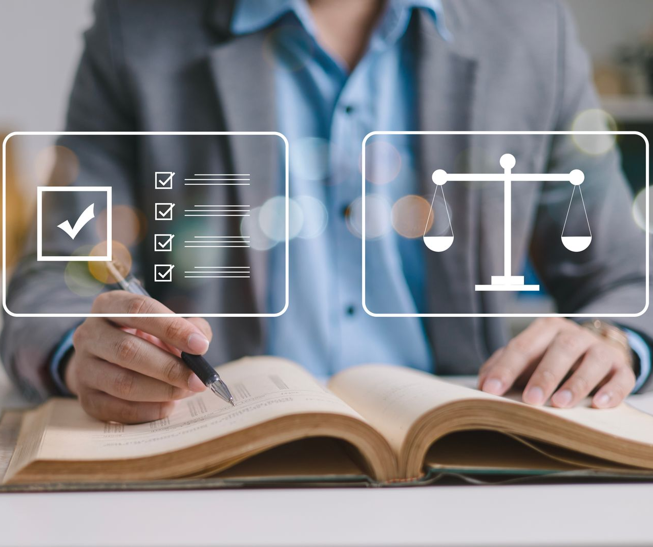 Une personne en costume écrit dans un livre ouvert, avec une liste de contrôles et des icônes représentant la balance de la justice.