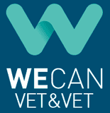 Logotipo de WE CAN VET & VET en blanco y verde azulado sobre fondo azul