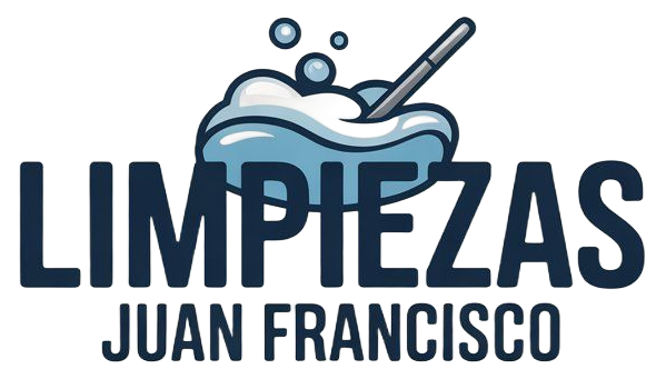 Logotipo: "Limpiezas Juan Francisco". Texto azul con burbujas de limpieza y una varita encima.